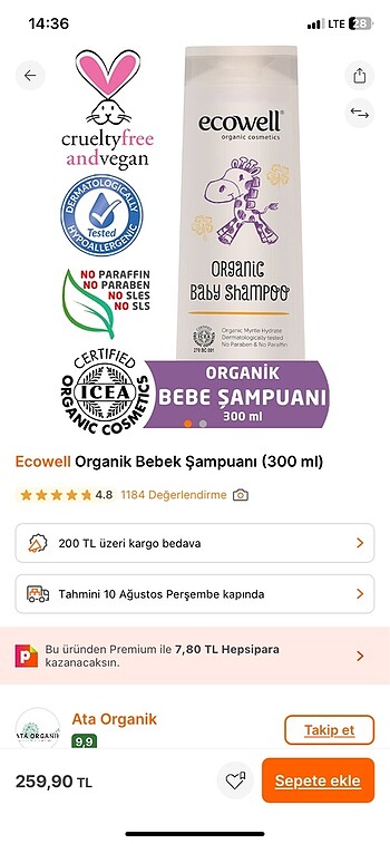 Organik bebek şampuanı sıfır ürün