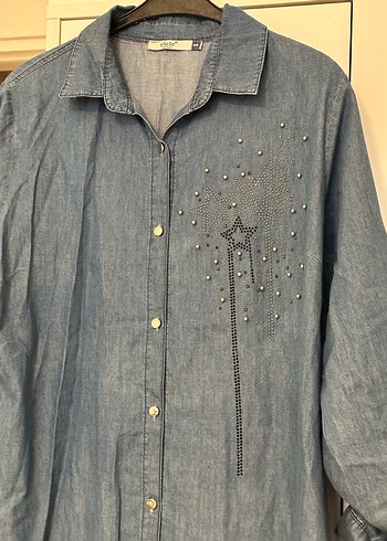 Nakışlı Mavi Denim Gömlek Elbise - Görsel 2