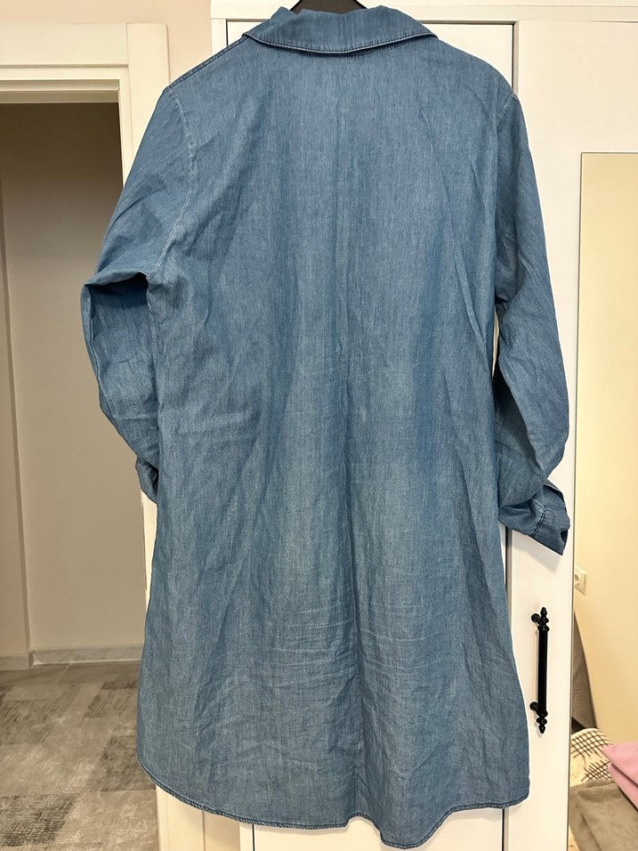 Nakışlı Mavi Denim Gömlek Elbise - Görsel 3