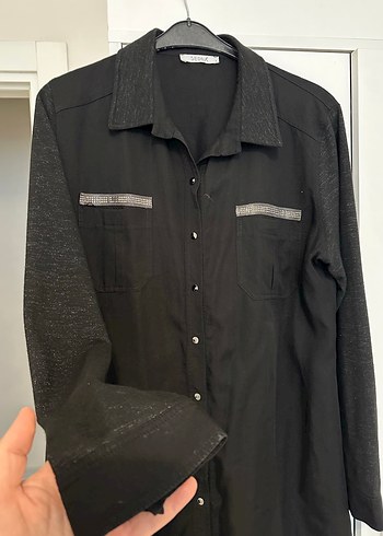 Siyah Uzun Kollu Düğmeli Kadın Gömlek - Görsel 2