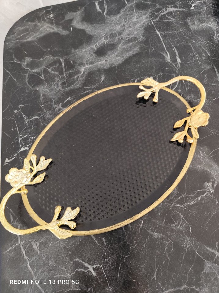 Altın Renkli Çiçek Desenli Modern Klasik Tepsi - Görsel 4