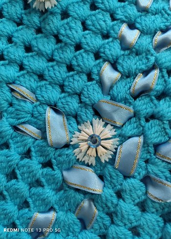 Nakışlı Turkuaz Örgü Çocuk Battaniyesi - Görsel 3