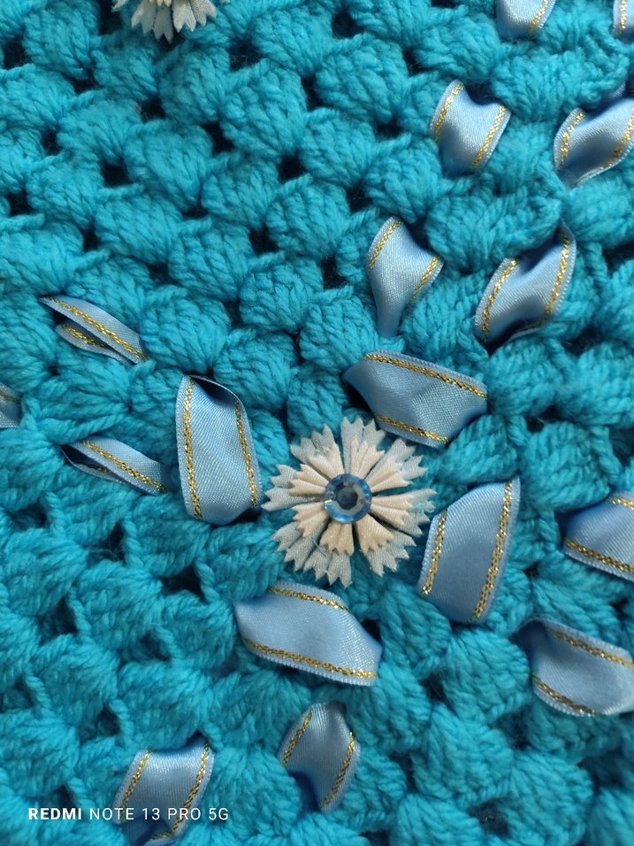 Nakışlı Turkuaz Örgü Çocuk Battaniyesi - Görsel 3