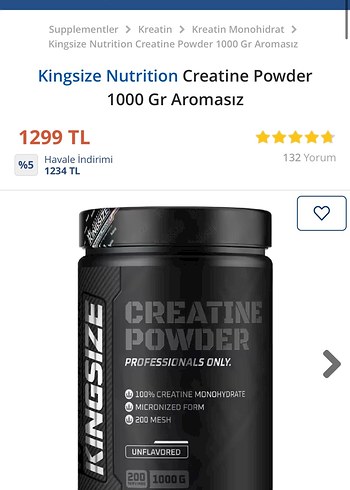 Beden Renk Kingsize creatin powder, 200 Mesh, Tatlandırılmamış
