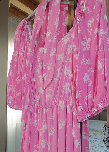 BSL FASHION Pembe Bağlamalı Uzun Bohem Elbise