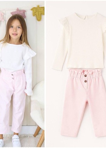 Zara Bebek Kız Uzun Kollu Beyaz Üst ve Pembe Kadife Pantolon