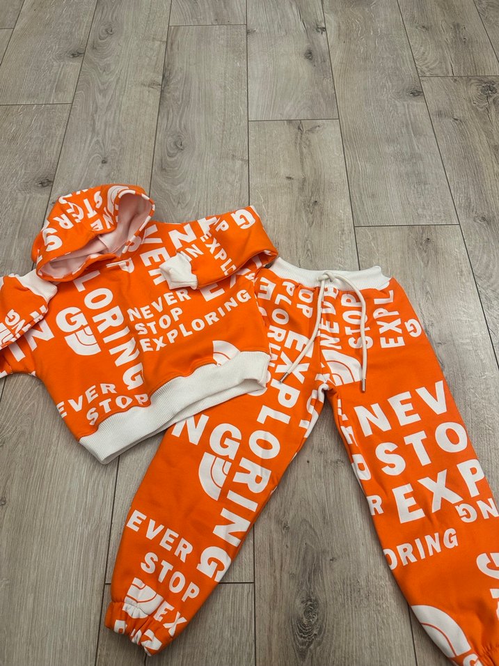 Turuncu Kapüşonlu Baskılı Kız erkek çocuk Eşofman Takımı - Görsel 2