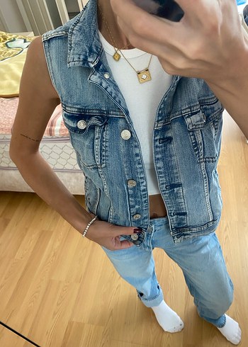 Düğmeli, Kolsuz Mavi Denim Yelek