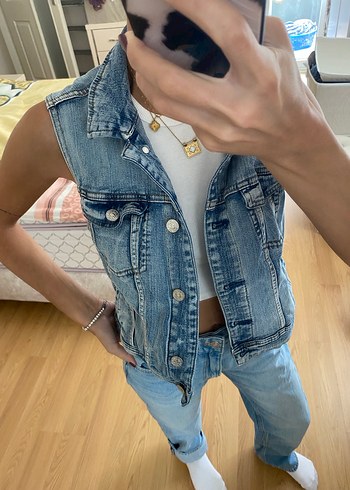 s Beden Düğmeli, Kolsuz Mavi Denim Yelek