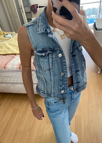 Mango Düğmeli, Kolsuz Mavi Denim Yelek