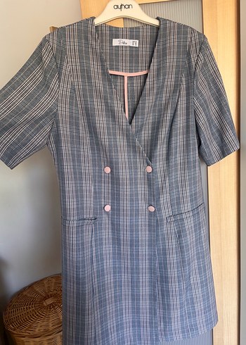 Düğmeli Gri Ekose Midi Ceket Elbise - Görsel 2