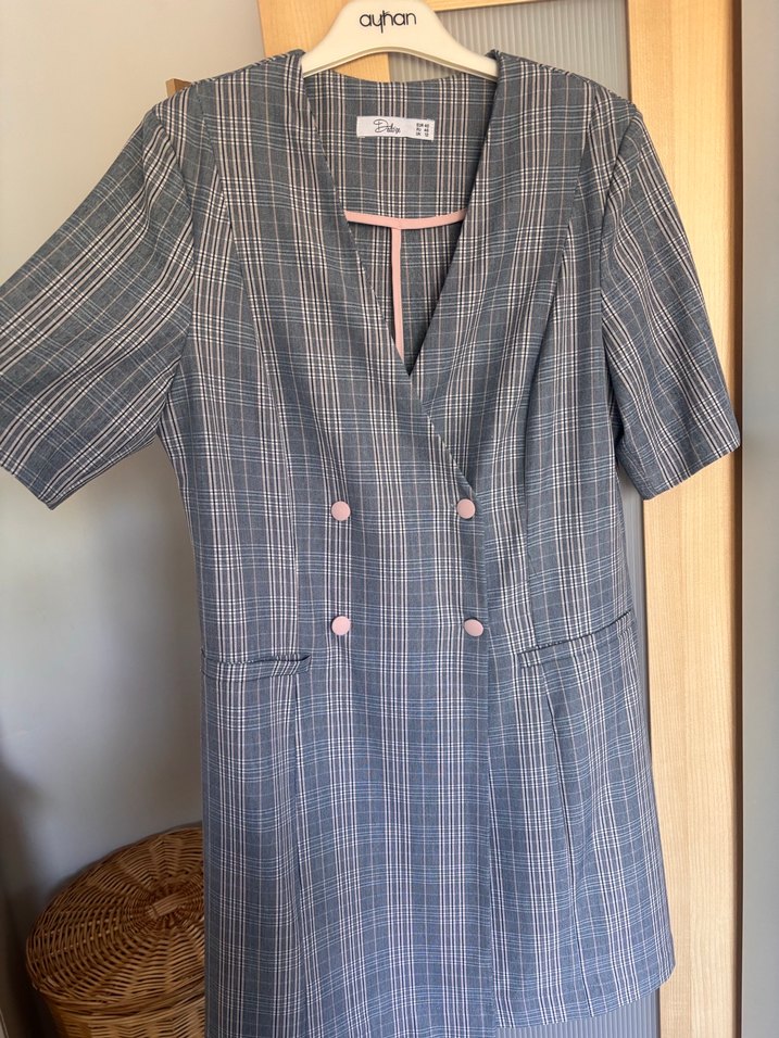 Düğmeli Gri Ekose Midi Ceket Elbise - Görsel 2