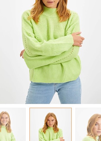 Kadın Yeşil Triko Bisiklet Yaka Kazak - Görsel 2