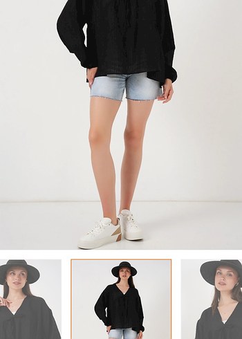 Siyah Piliseli V Yaka Keten Kadın Bluz - Görsel 2