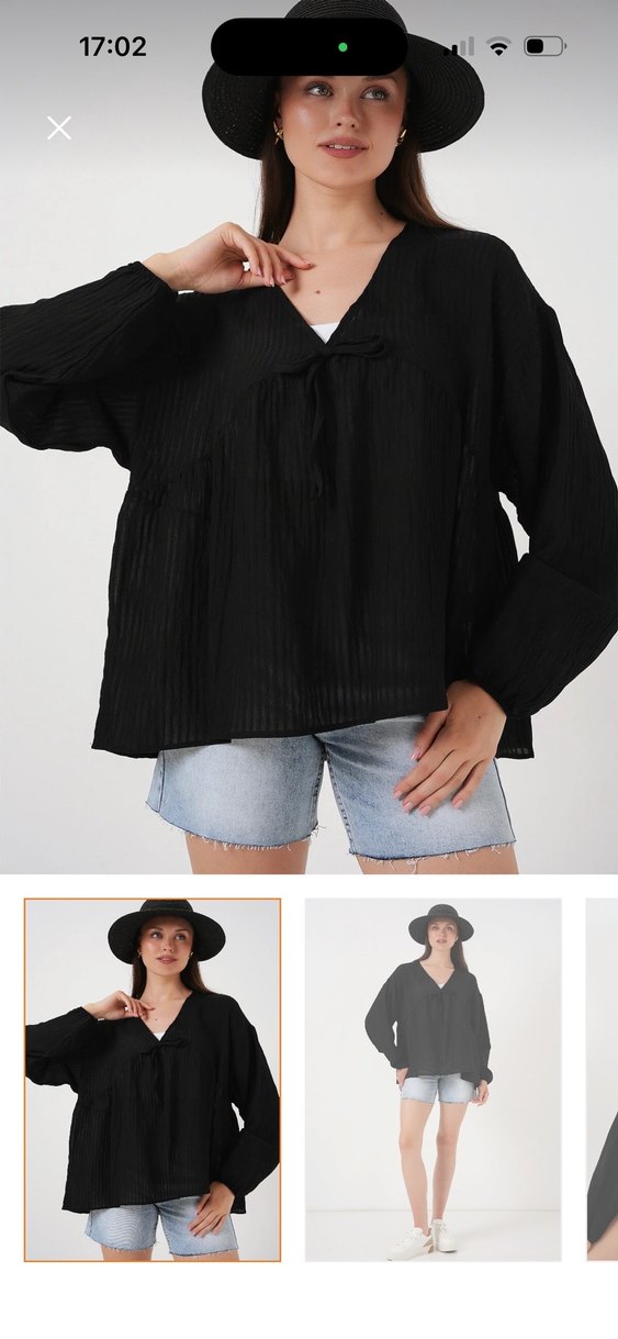 Siyah Piliseli V Yaka Keten Kadın Bluz - Görsel 3