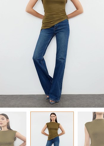 Haki Kadın Kısa Kollu Düz bluz - Görsel 2