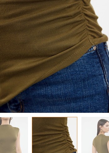 Haki Kadın Kısa Kollu Düz bluz - Görsel 3