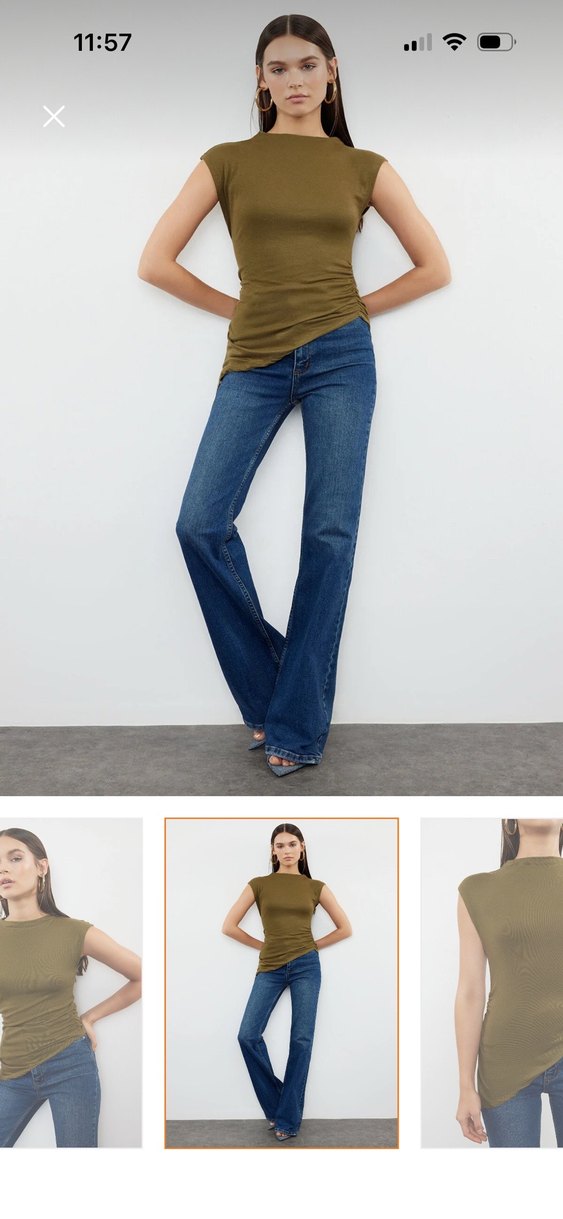 Haki Kadın Kısa Kollu Düz bluz - Görsel 2