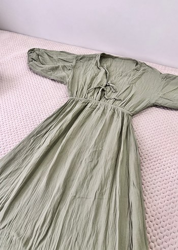 Yeşil V Yaka Keten Uzun Elbise - Görsel 3