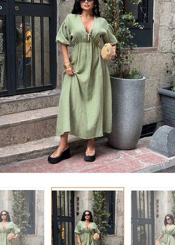 Yeşil V Yaka Keten Uzun Elbise - Görsel 2