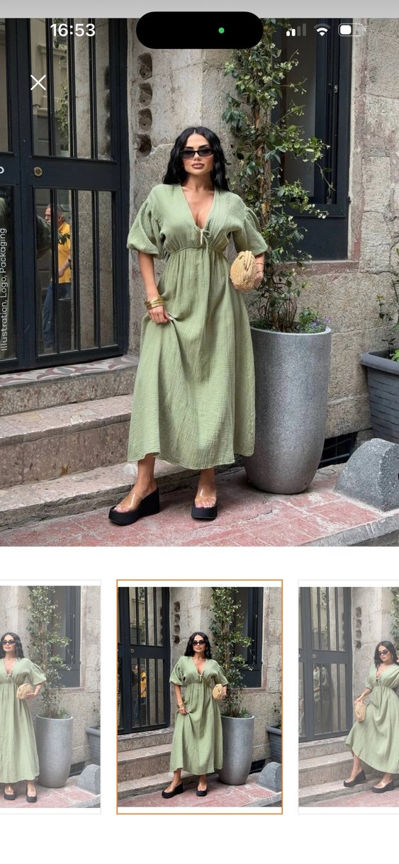 Yeşil V Yaka Keten Uzun Elbise - Görsel 2