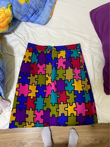42 Beden Puzzle desenli renkli etek