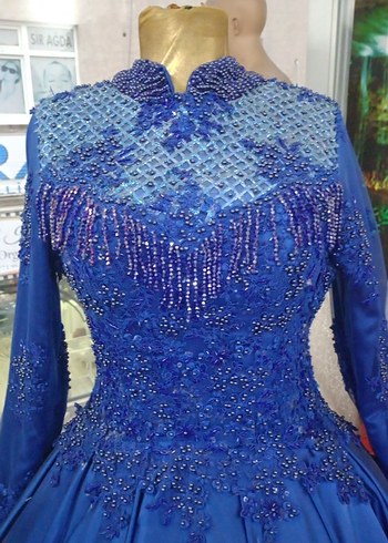 Uzun Kollu İşlemeli Mavi Nişan Elbisesi - Görsel 3