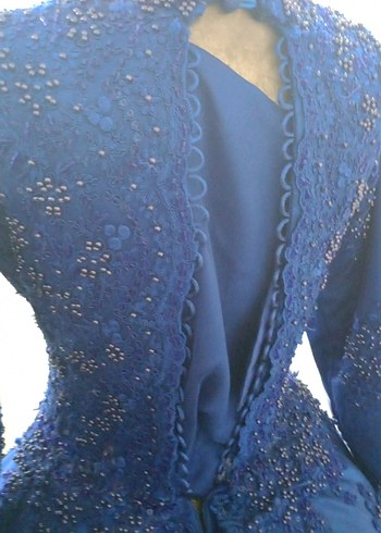 Uzun Kollu İşlemeli Mavi Nişan Elbisesi - Görsel 5