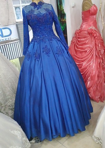 Uzun Kollu İşlemeli Mavi Nişan Elbisesi - Görsel 2