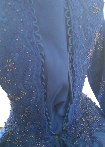 Uzun Kollu İşlemeli Mavi Nişan Elbisesi - Görsel 6