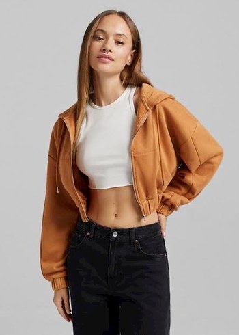 Turuncu Fermuarlı Kapüşonlu Kadın Sweatshirt - Görsel 3