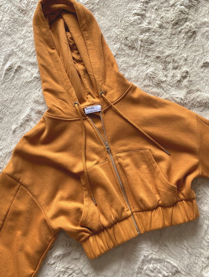 Turuncu Fermuarlı Kapüşonlu Kadın Sweatshirt - Görsel 2