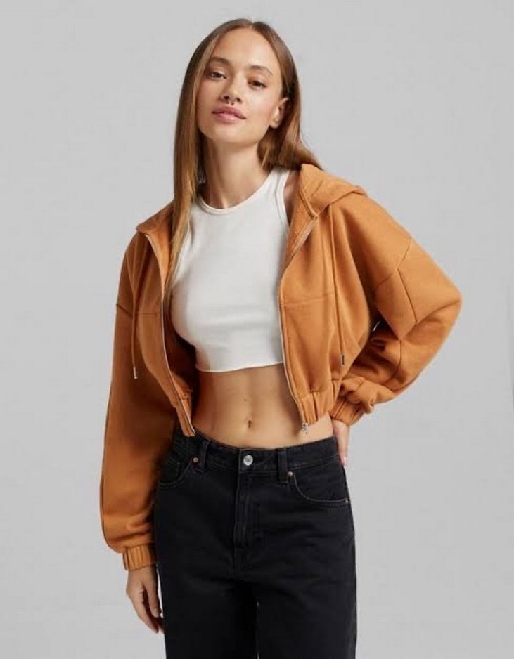 Turuncu Fermuarlı Kapüşonlu Kadın Sweatshirt - Görsel 3