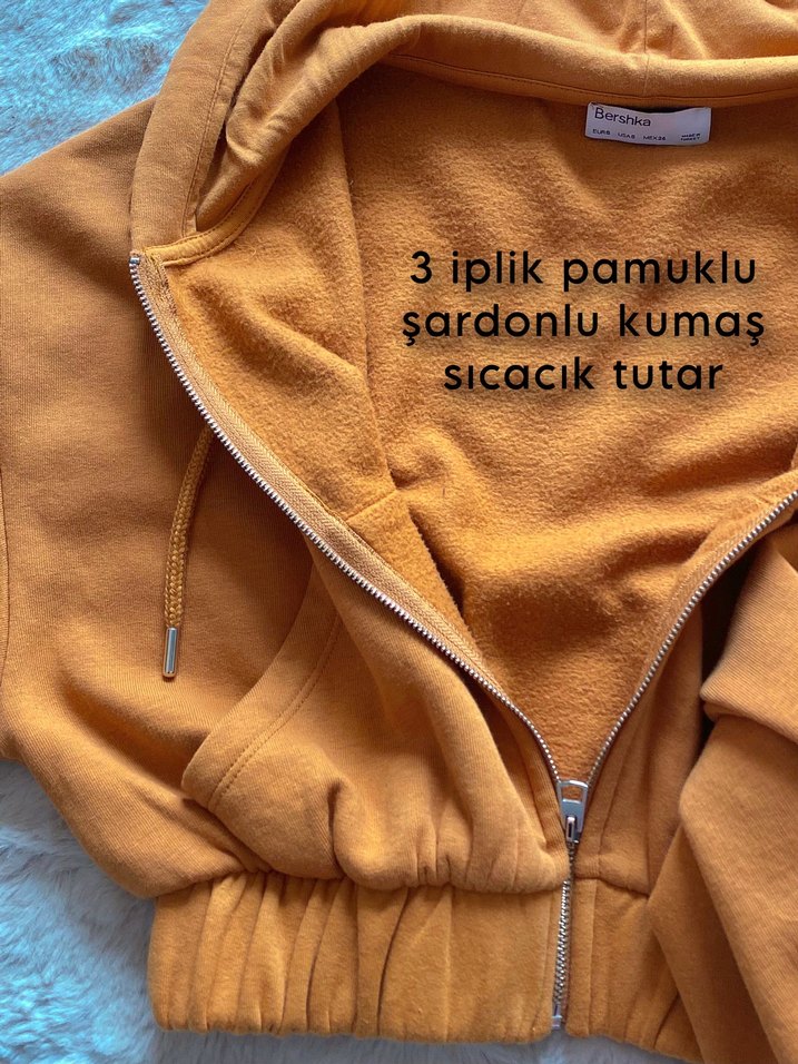 Turuncu Fermuarlı Kapüşonlu Kadın Sweatshirt - Görsel 5