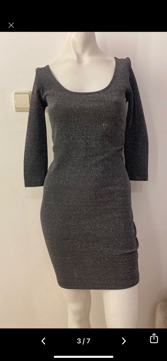 Gri V Yaka Kadın Mini Elbise - Görsel 3