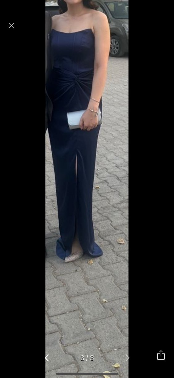 Lacivert Straplez Uzun Drapeli Elbise - Görsel 3