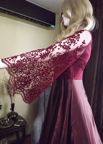 44 Beden bordo Renk Bordo Dantel Detaylı Uzun Kollu Vintage Elbise