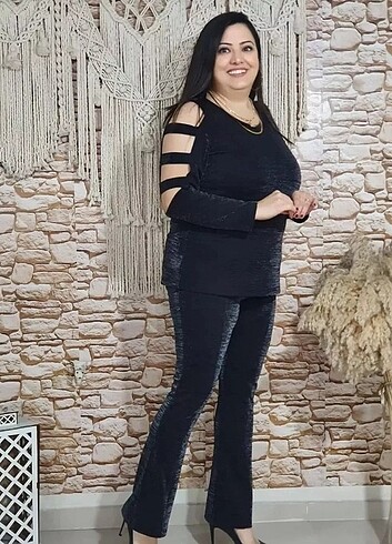 Büyük beden simli çelik örgü kumaş bluz pantalon takım 