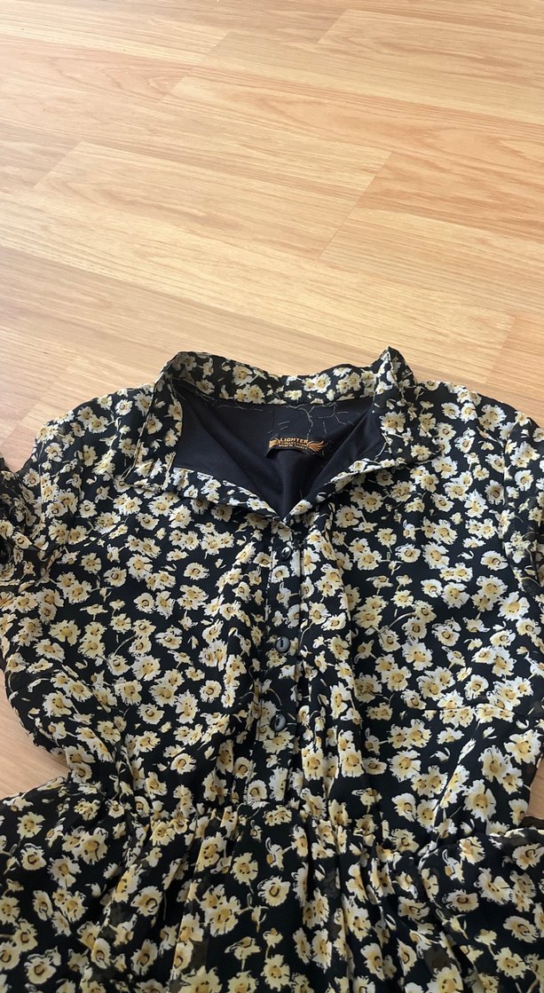 Uzun Kollu Sarı Çiçekli Bohem Elbise - Görsel 3