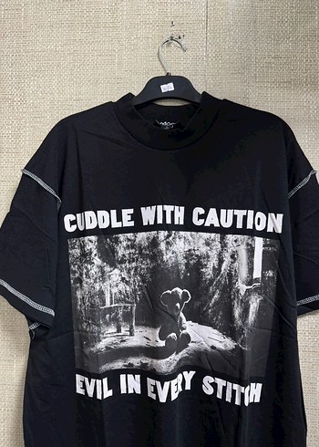 Siyah Baskılı Oversize Pamuklu Tişört - Görsel 3