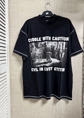 Siyah Baskılı Oversize Pamuklu Tişört - Görsel 2