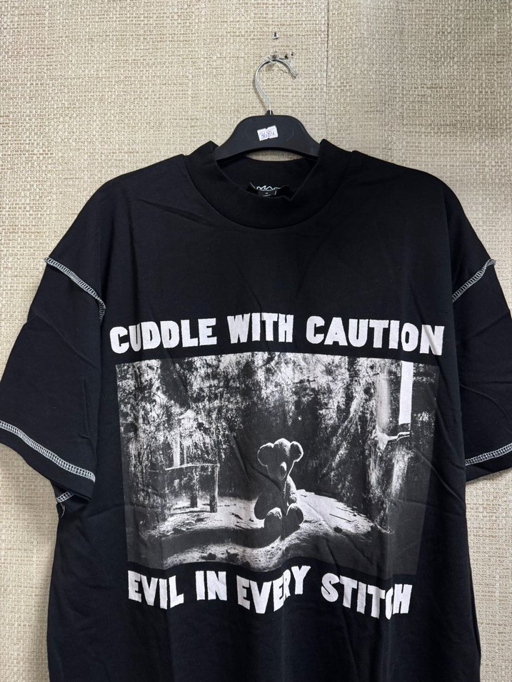 Siyah Baskılı Oversize Pamuklu Tişört - Görsel 3