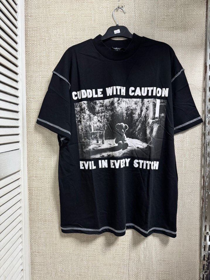 Siyah Baskılı Oversize Pamuklu Tişört - Görsel 2