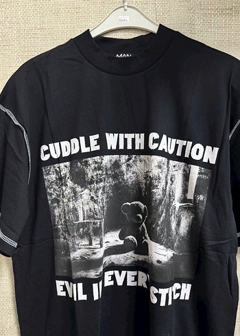 Siyah Baskılı Oversize Erkek Tişört - Görsel 3