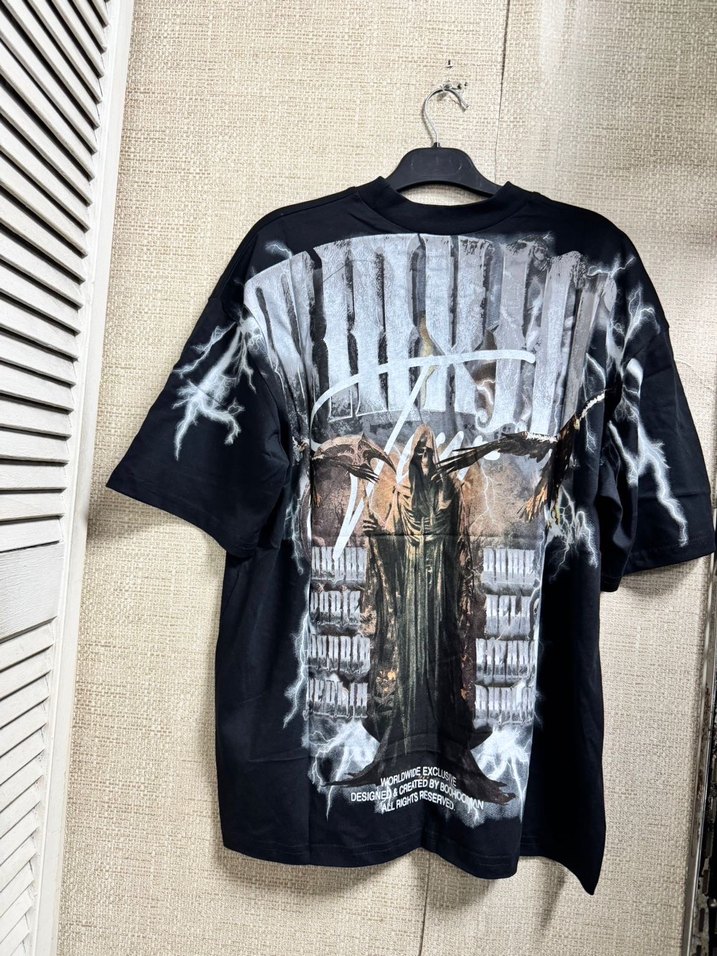 Siyah Baskılı Erkek Tişörtü, Salaş Kesim - Görsel 5