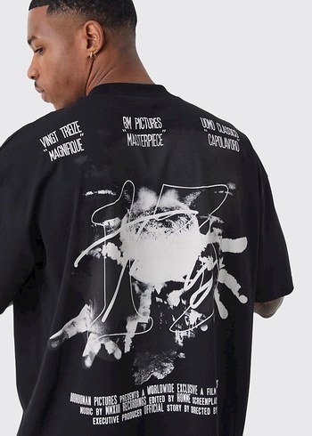 Siyah Baskılı Erkek Oversize Tişört - Görsel 3