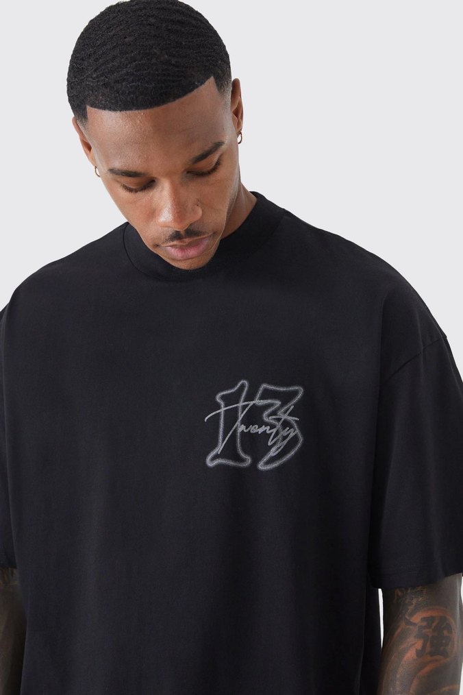 Siyah Baskılı Erkek Oversize Tişört - Görsel 2