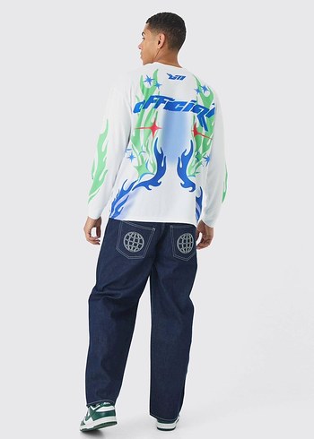 Erkek Beyaz Uzun Kollu Batik Desenli Tişört - Görsel 2