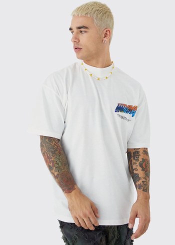 Beyaz Baskılı Erkek Oversize Tişört - Görsel 3