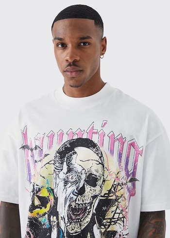 Beyaz Baskılı Erkek Oversize Tişört - Görsel 2